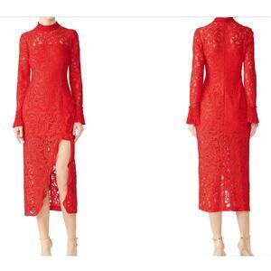 Alexis Red Fala Lace Sheath long sleeve cocktail formal Midi dress S